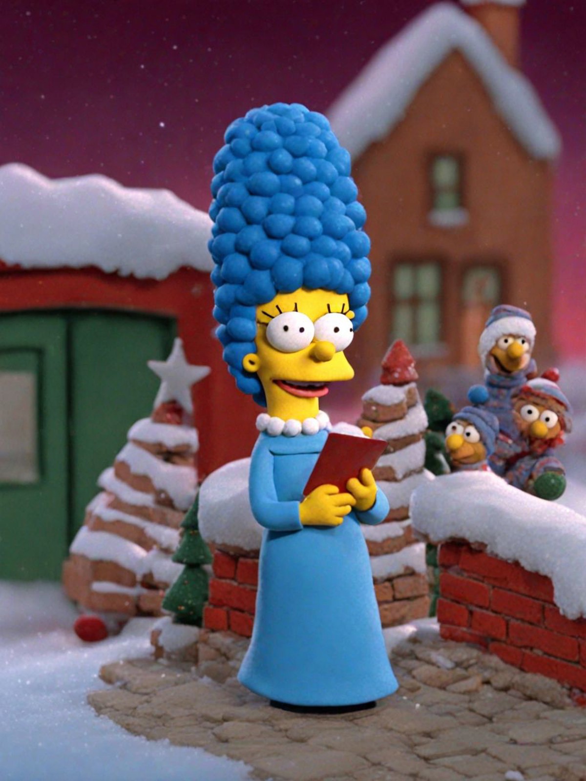 Marge Simpson in a claymation special xmasize <lora:SDXL-xmasize-Lora-r12:1>